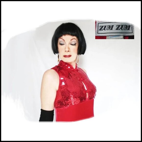 Vintage Red Satin Cheongsam Gown Empire Waist, 40s 50s Style by ZumZum -80s - Picture 4 of 15